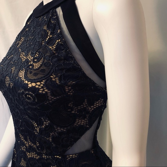 Crystal Doll 5 navy lace over nude halter mini dress - Picture 4 of 9